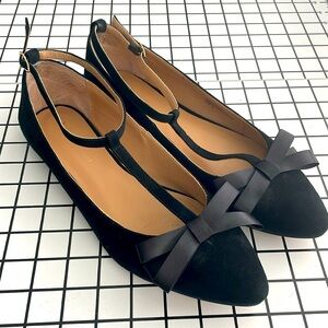 Anthropologie Bow Front T-Strap Black Suede Flats